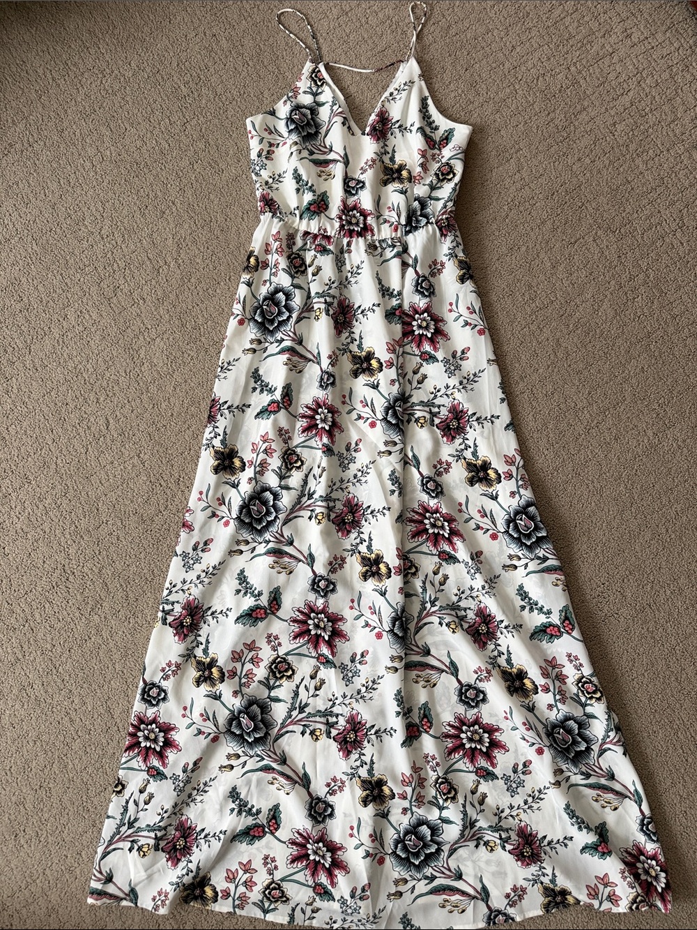 LOFT White Floral Maxi Dress with Pink and Black Blooms